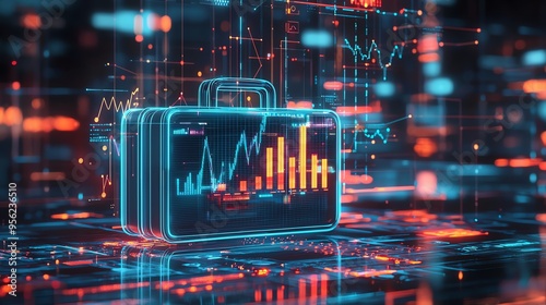 Futuristic financial suitcase with neon graphs and charts on a digital interface, representing technology and data analysis in finance. photo