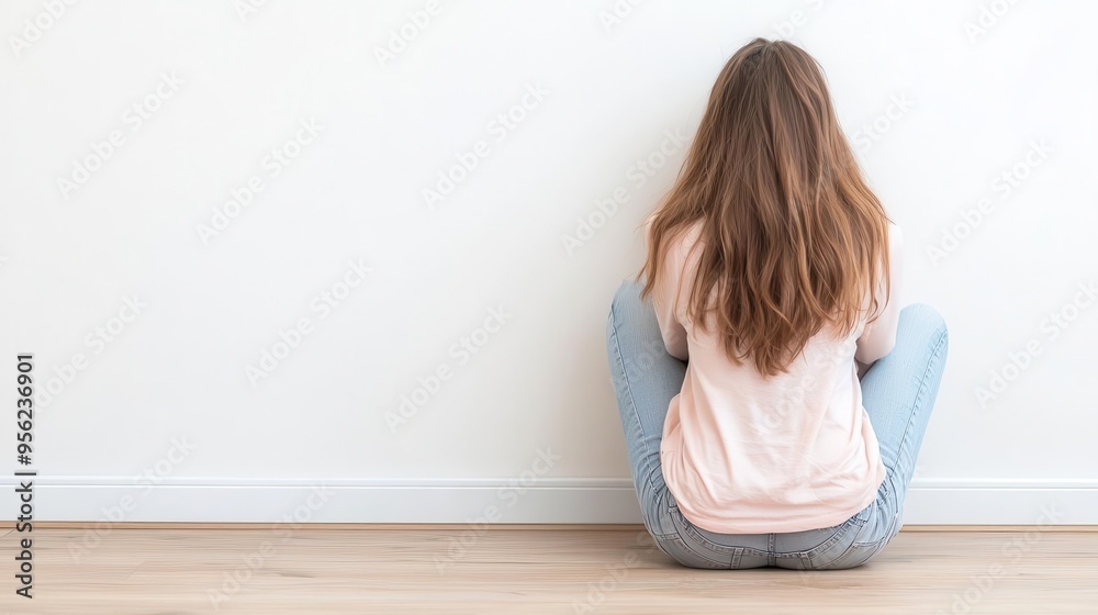 Menopausal woman with an anxiety disorder, sitting alone on the floor with her back against the wall, health problems and emotional distress Menopausal woman with an anxiety disorder, sitting alone on the floor with her back against the wall, health problems and emotional distress