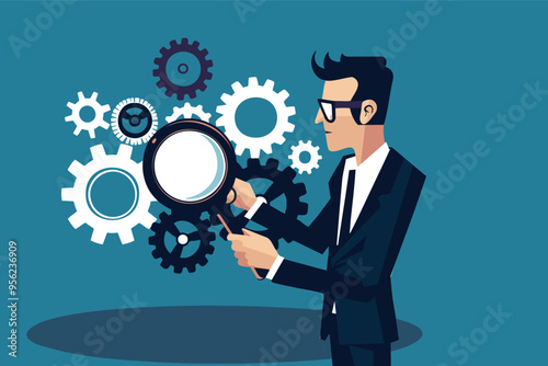 Smart businessman analyzing cogwheels with magnifying glass, representing problem-solving, process improvement, and efficient project management in business development