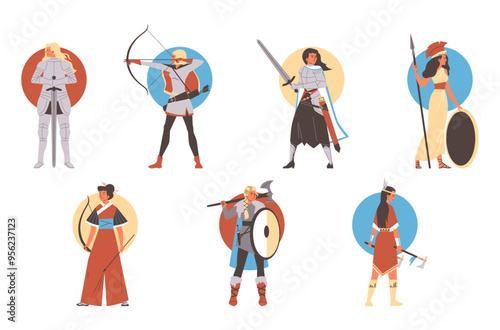 Ancient warriors fighters soldier women from various culture icon character set, armored beautiful women medieval knight
