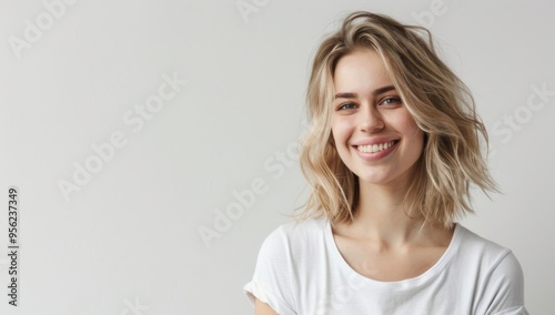 Beautiful blonde woman with shoulder-length hair in a white t-shirt smiles at the camera on an isolated on a white background, with ample copy space for a text banner.