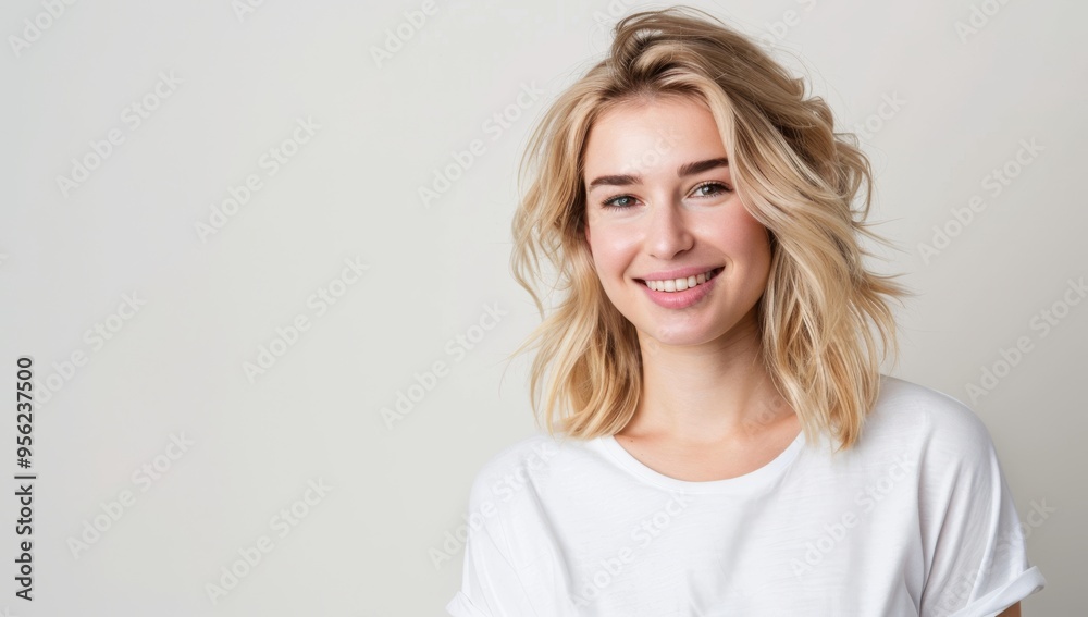Beautiful blonde woman with shoulder-length hair in a white t-shirt smiles at the camera on an isolated on a white background, with ample copy space for a text banner. Beautiful blonde woman with shoulder-length hair in a white t-shirt smiles at the camera on an isolated on a white background, with ample copy space for a text banner.