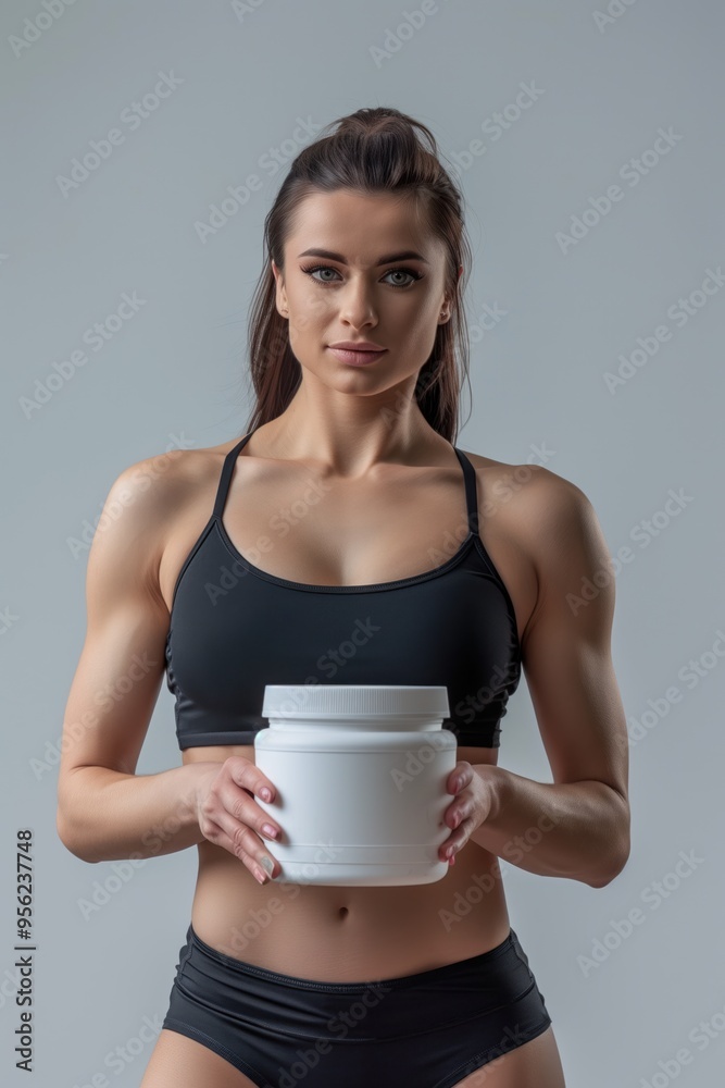 young woman holding plastic jar mockup for protein muscle gain supplement advertising, caucasian fitness model product display young woman holding plastic jar mockup for protein muscle gain supplement advertising, caucasian fitness model product display