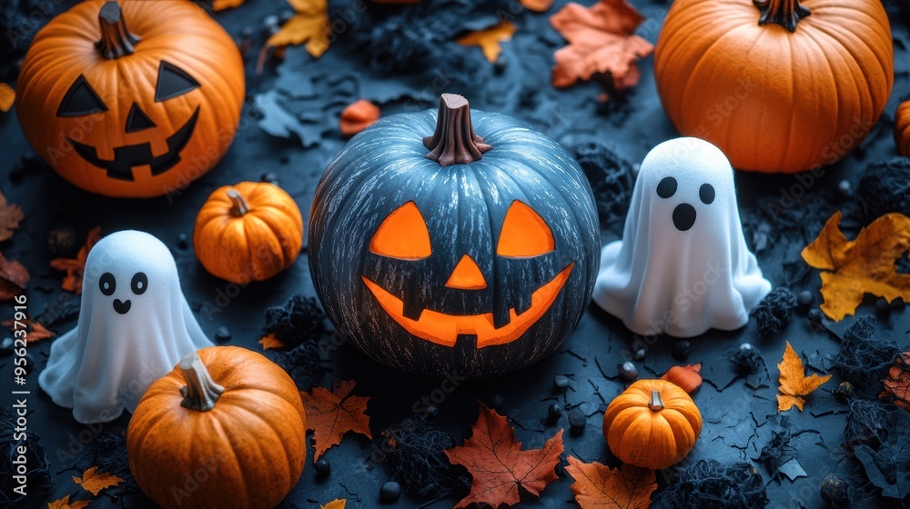 Halloween Seamless Pattern with Cute Ghosts, Pumpkins, and Trick-or-Treat Elements Halloween Seamless Pattern with Cute Ghosts, Pumpkins, and Trick-or-Treat Elements