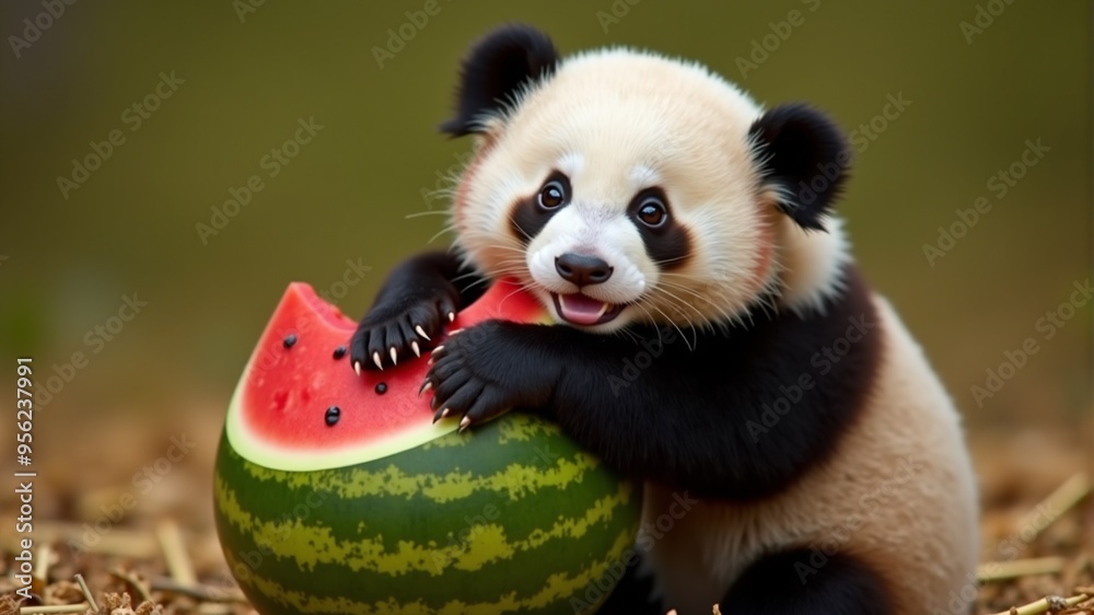 Obraz premium a panda bear is eating a watermelon and has his mouth open.