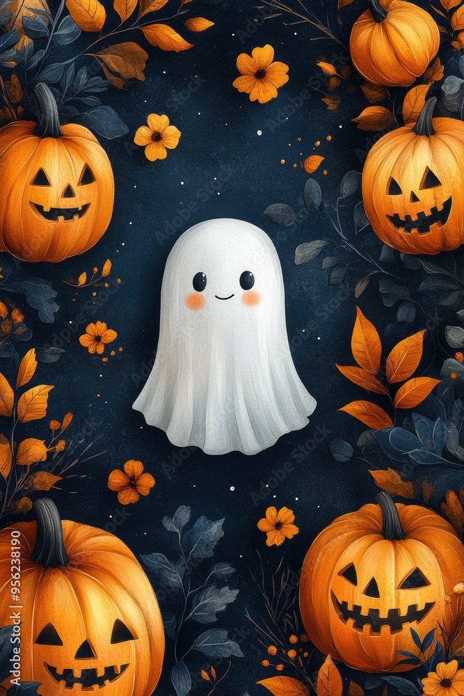 Halloween Seamless Pattern with Cute Ghosts, Pumpkins, and Trick-or-Treat Elements Halloween Seamless Pattern with Cute Ghosts, Pumpkins, and Trick-or-Treat Elements