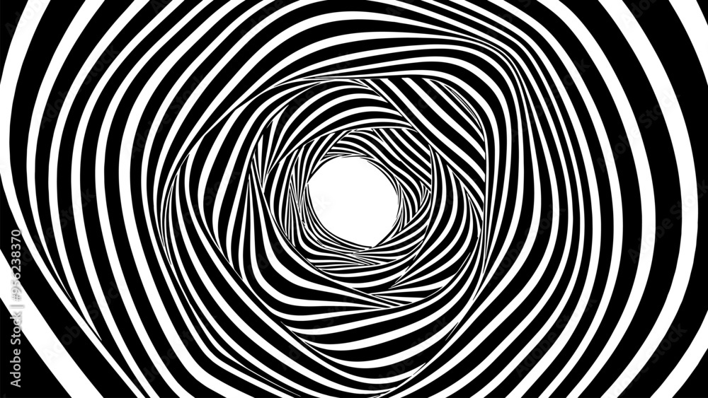 Wavy illusion tunnel of black and white stripes. Flow of optical illusion wave with distortion effect. Vector Illustration.