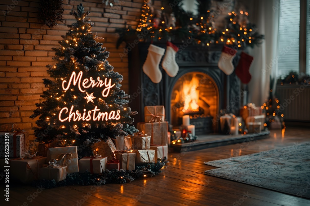 Beautifully Decorated Christmas Tree, With Shimmering Ornaments That Spell Out Merry Christmas Surrounded by Wrapped Gifts. Beautifully Decorated Christmas Tree, With Shimmering Ornaments That Spell Out Merry Christmas Surrounded by Wrapped Gifts.