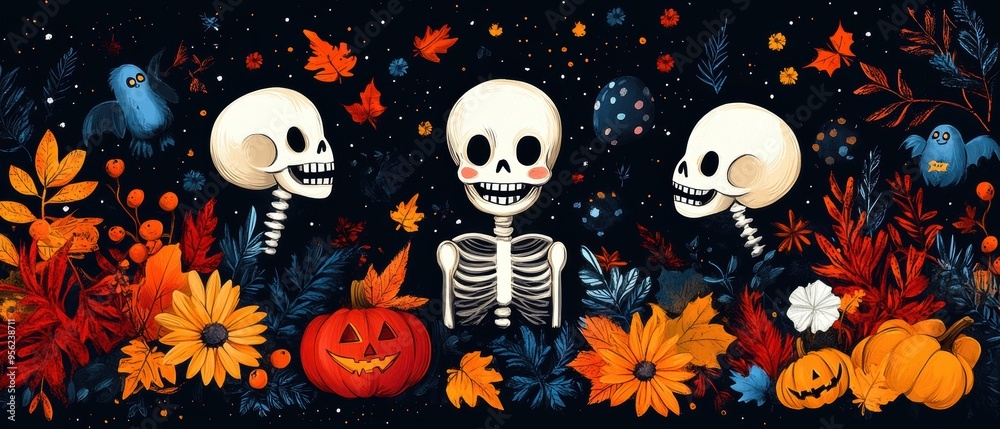 Doodle Halloween Pattern with Adorable Skeletons, Happy Monsters, and Festive Elements for Kids' Prints Doodle Halloween Pattern with Adorable Skeletons, Happy Monsters, and Festive Elements for Kids' Prints