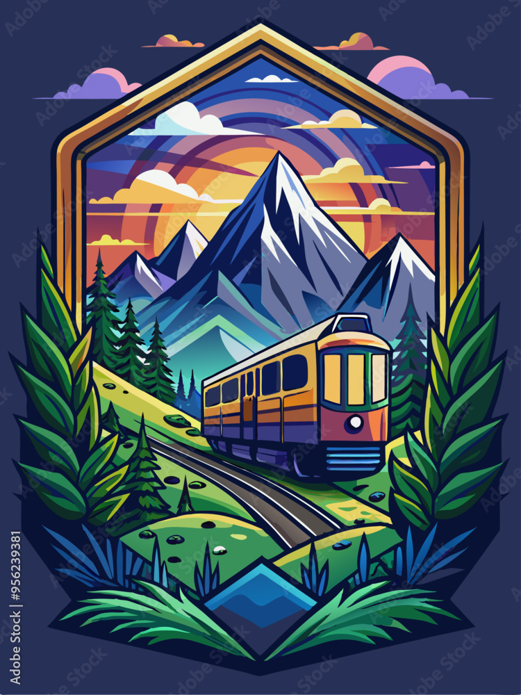 Naklejka premium Train Journey Through a Mountainous Landscape at Sunset