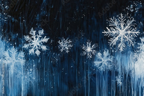 Delicate snowflakes drift gracefully in an abstract design, contrasting beautifully with the dark, rich background of winter. Generative AI