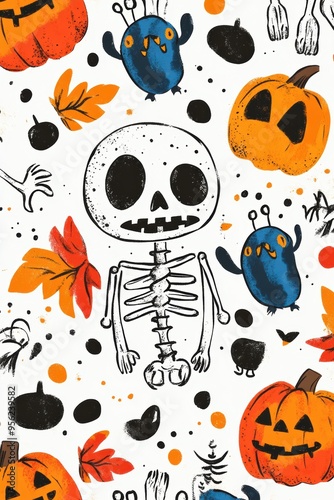 Doodle Halloween Pattern with Adorable Skeletons, Happy Monsters, and Festive Elements for Kids' Prints