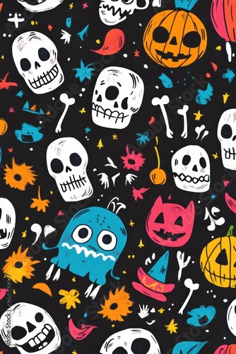 Doodle Halloween Pattern with Adorable Skeletons, Happy Monsters, and Festive Elements for Kids' Prints