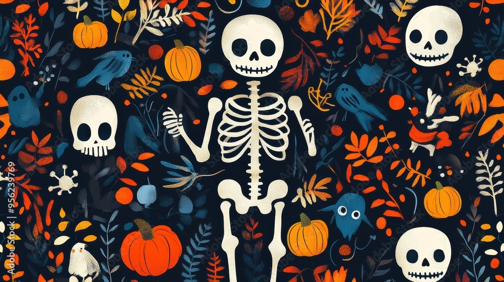 Doodle Halloween Pattern with Adorable Skeletons, Happy Monsters, and Festive Elements for Kids' Prints