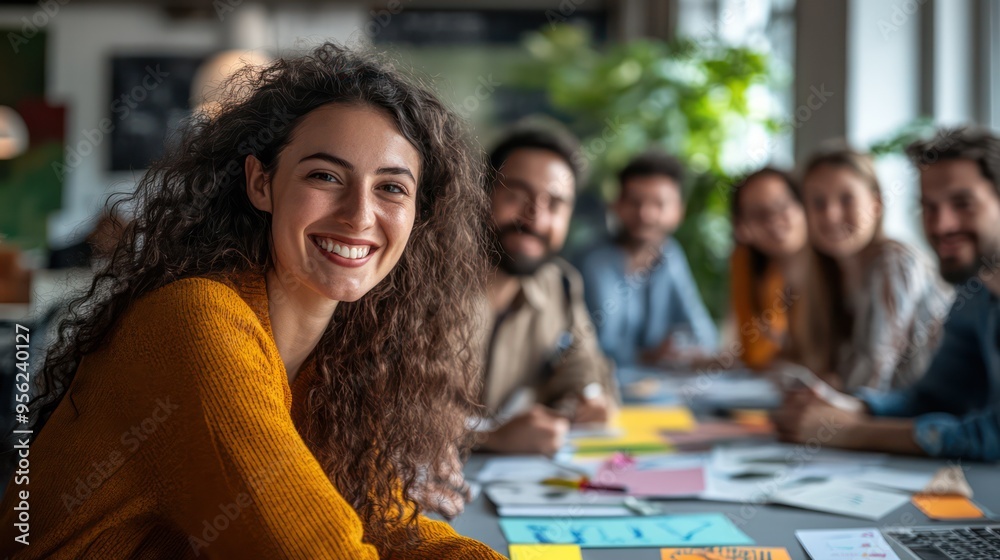 Fototapeta premium Team members engaged in a friendly competition during a creative brainstorming challenge, fostering innovation and camaraderie.