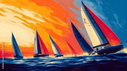 A flat design of a sailboat race with bright, contrasting colors
