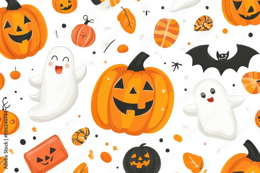 Halloween Seamless Background with Joyful Pumpkins, Friendly Ghosts, and Halloween Treats Halloween Seamless Background with Joyful Pumpkins, Friendly Ghosts, and Halloween Treats