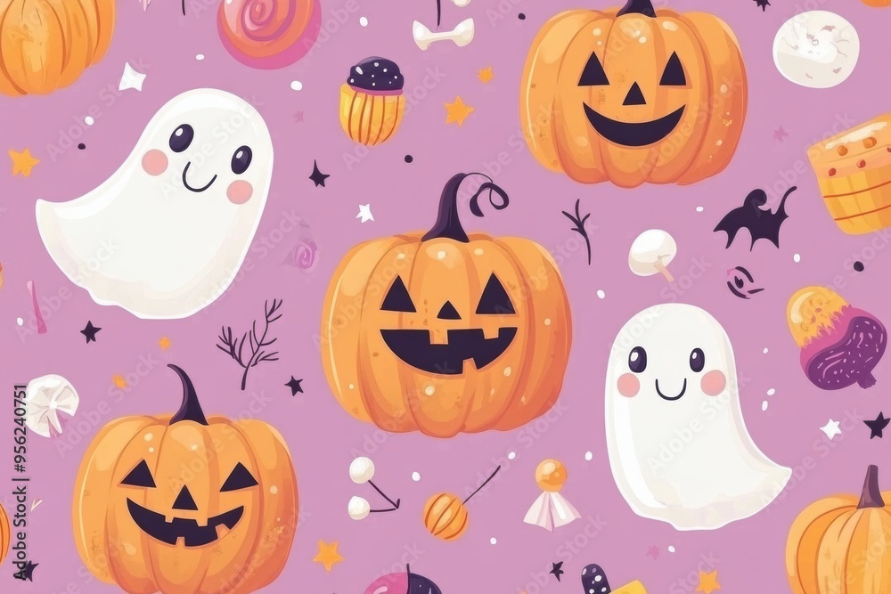 Halloween Seamless Background with Joyful Pumpkins, Friendly Ghosts, and Halloween Treats Halloween Seamless Background with Joyful Pumpkins, Friendly Ghosts, and Halloween Treats