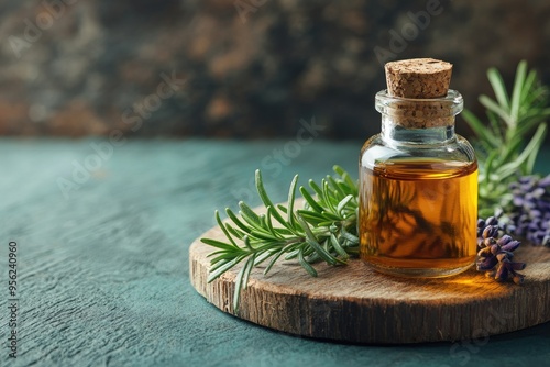 Rosemary essential oil in bottle. Perfect for aromatherapy, natural remedies, and spa treatments. photo