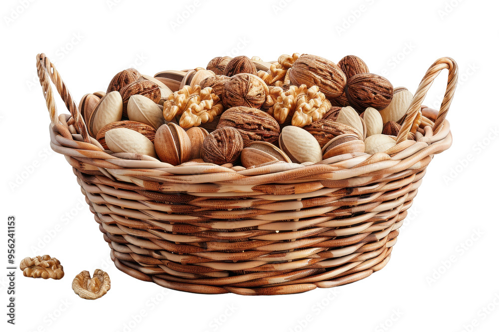 A beautifully arranged wicker basket filled with a variety of nuts, perfect for healthy snacking or culinary presentations. A beautifully arranged wicker basket filled with a variety of nuts, perfect for healthy snacking or culinary presentations.