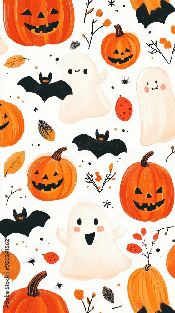Halloween Seamless Background with Joyful Pumpkins, Friendly Ghosts, and Halloween Treats Halloween Seamless Background with Joyful Pumpkins, Friendly Ghosts, and Halloween Treats