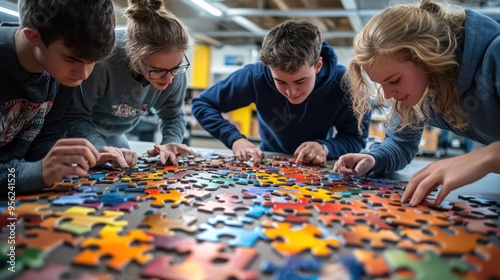 Team members working together on a large jigsaw puzzle, demonstrating patience, collaboration, and problem-solving skills.