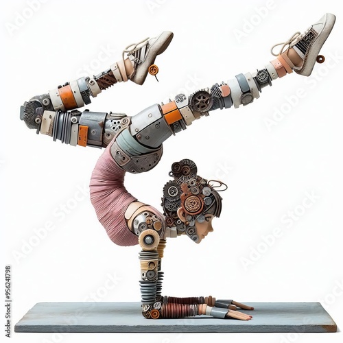 71 Assemblage art of a girl acrobat in a one arm straddle press