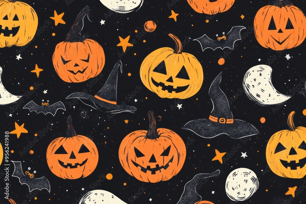 Halloween Seamless Pattern with Smiling Jack-o'-Lanterns, Happy Witches, and Festive Bats Halloween Seamless Pattern with Smiling Jack-o'-Lanterns, Happy Witches, and Festive Bats