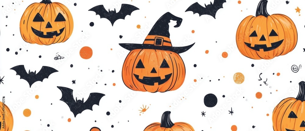 Halloween Seamless Pattern with Smiling Jack-o'-Lanterns, Happy Witches, and Festive Bats Halloween Seamless Pattern with Smiling Jack-o'-Lanterns, Happy Witches, and Festive Bats