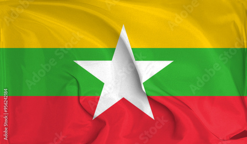 An up close view of Myanmar flag flying textures