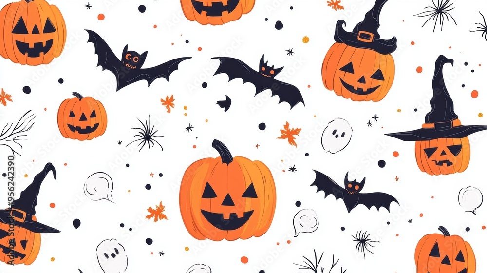 Halloween Seamless Pattern with Smiling Jack-o'-Lanterns, Happy Witches, and Festive Bats