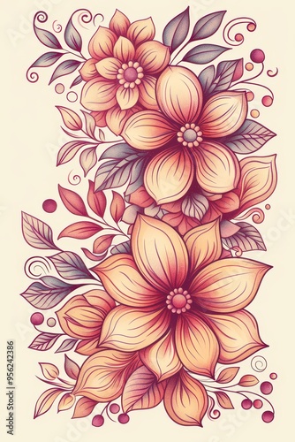 Watercolor Floral Illustration - Pink and Orange Flowers with Leaves