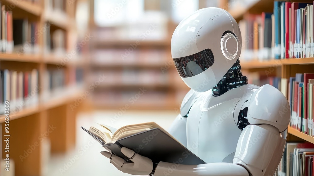An AI Robot Reading in the Library Surrounded by Books and Bookshelves