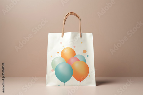 Paper Gift Bag with Balloons on Beige Surface