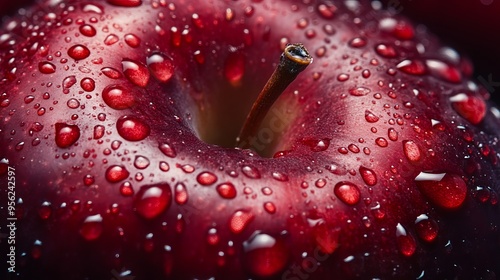 Close-up photograph of a deep red apple with tiny beads of clear water embellishing its smooth, glossy skin. 
