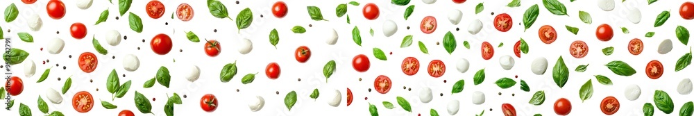 The top view of a tomato, basil, and mozzarella isolated on a white background The top view of a tomato, basil, and mozzarella isolated on a white background