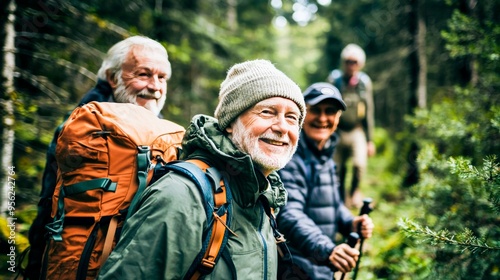 Group of senior trekker walking in to the woods jungle. - Elderly people in the forest during hiking day.