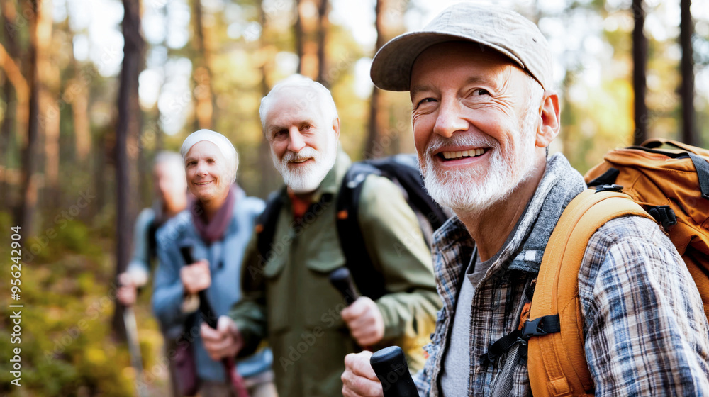 Group of senior trekker walking in to the woods jungle. - Elderly people in the forest during hiking day. Group of senior trekker walking in to the woods jungle. - Elderly people in the forest during hiking day.