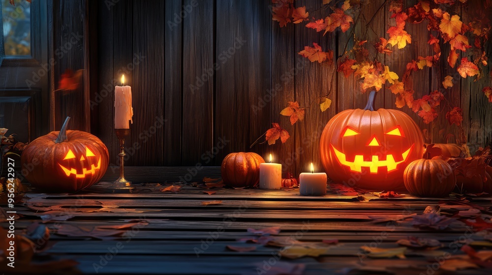 Obraz premium Halloween Pumpkins, Candles, and Autumn Leaves on Wooden House Porch Background. AI generated illustration