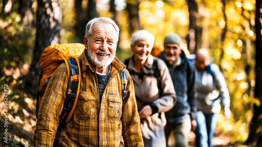 Group of senior trekker walking in to the woods jungle. - Elderly people in the forest during hiking day. Group of senior trekker walking in to the woods jungle. - Elderly people in the forest during hiking day.