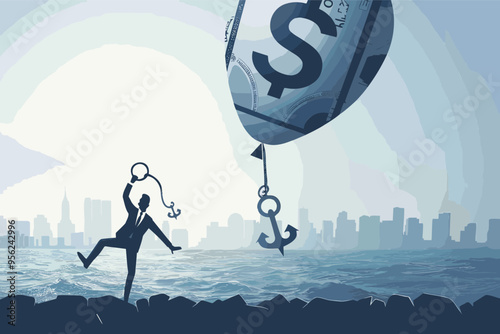 Government businessman throwing anchor tied to dollar balloon, representing monetary policy to control inflation and maintain economic stability