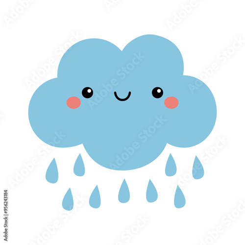 Blue cloud with rain drops. Eyes and mouth. Happy smiling face emotion. Cute cartoon kawaii funny character collection. Childish style. Baby poster. Flat design. Isolated. White background. Vector