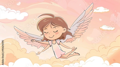 Cute cartoon character angel with wings. Nursary art. photo