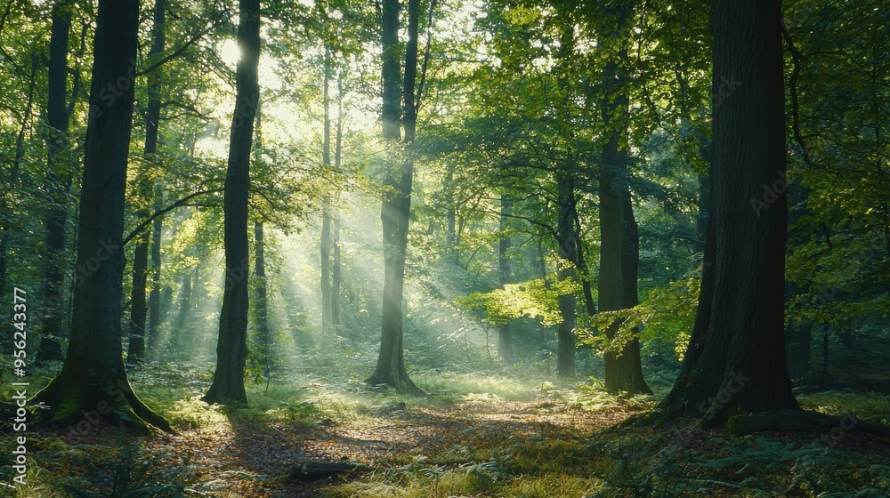 Obraz premium Sunlight Filtering Through a Serene Forest With Lush Greenery, Showcasing a Tranquil and Peaceful Natural Environment