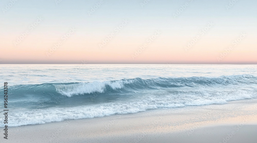Obraz premium Gentle Waves Rolling Onto a Serene Beach at Sunset With a Soft Pastel Sky in the Background