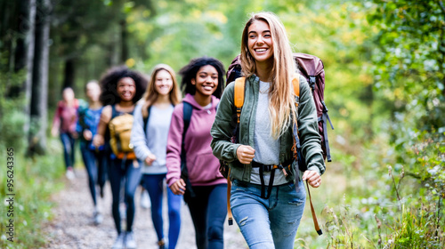 Group of student trekker walking in to the woods jungle. - happy people in the forest during hiking day.