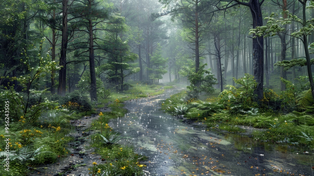 Naklejka premium A scenic, winding path through a dense forest on a rainy day, with dark, leafy trunks and wet ground, creating a moody and atmospheric outdoor experience.