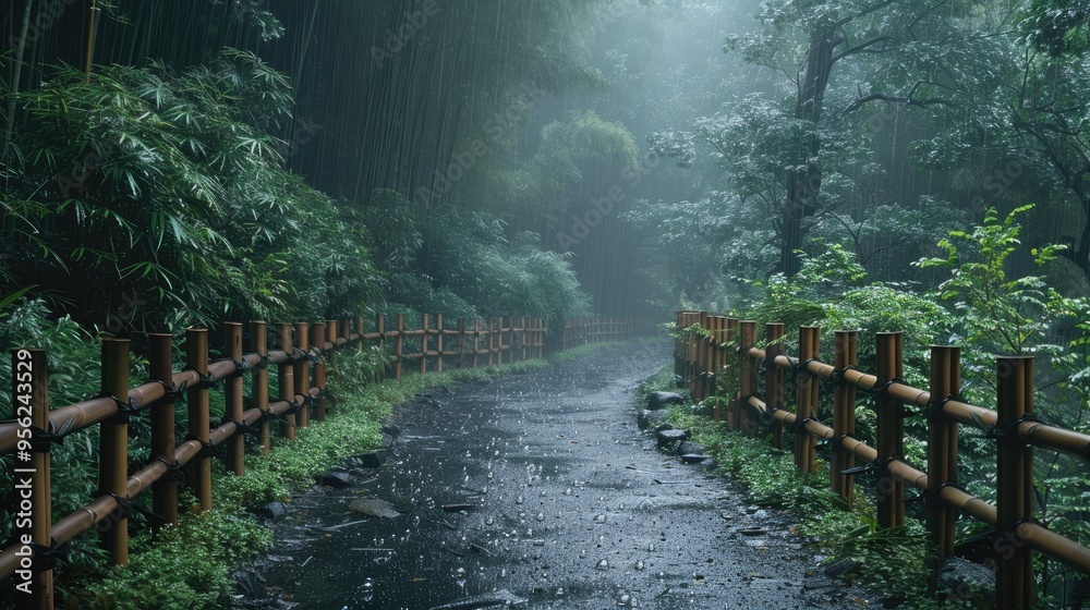 A serene, rain-drenched footpath in a green forest, bordered by a bamboo fence and framed by lush foliage, offering a tranquil and picturesque outdoor scene. A serene, rain-drenched footpath in a green forest, bordered by a bamboo fence and framed by lush foliage, offering a tranquil and picturesque outdoor scene.