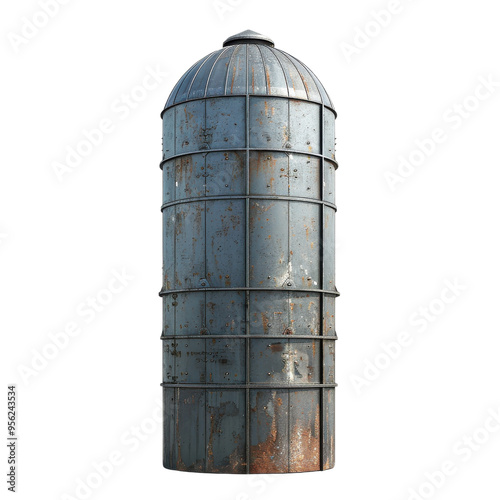 Rusty metal silo showcasing vintage agricultural architecture with unique design elements and weathered texture.