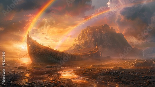 oah's Ark, lacking windows, situated on a desolate mountain with a large rainbow arching overhead. photo